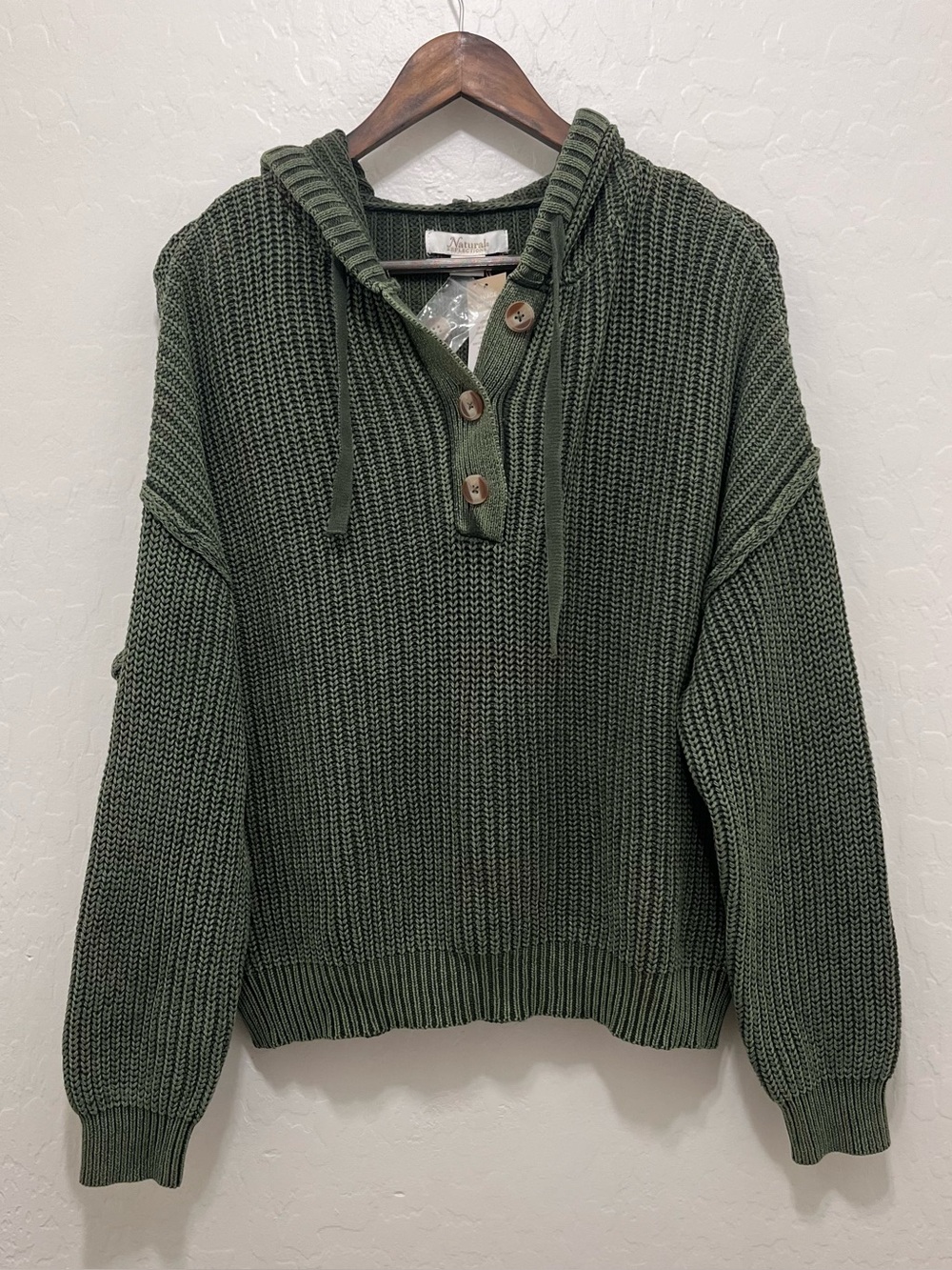 Natural Reflections Olive Green Chunky Ribbed Knit Hooded Henley Sweater Size M